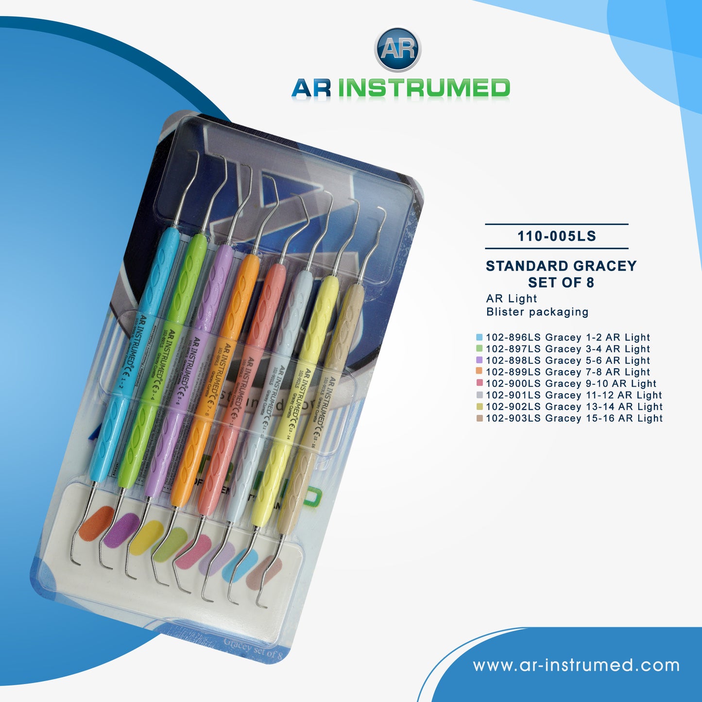 AR Instrumed Standard Gracey Currettes Set of 8 - AR Light Silicone Handles