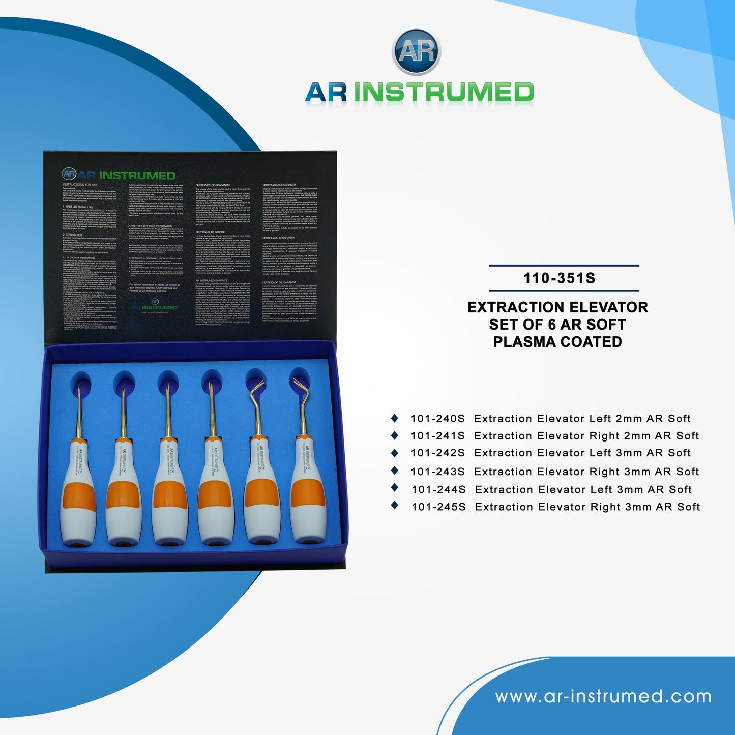 AR Instrumed Extracting Elevator Set of 6 AR Soft Plasma Coated