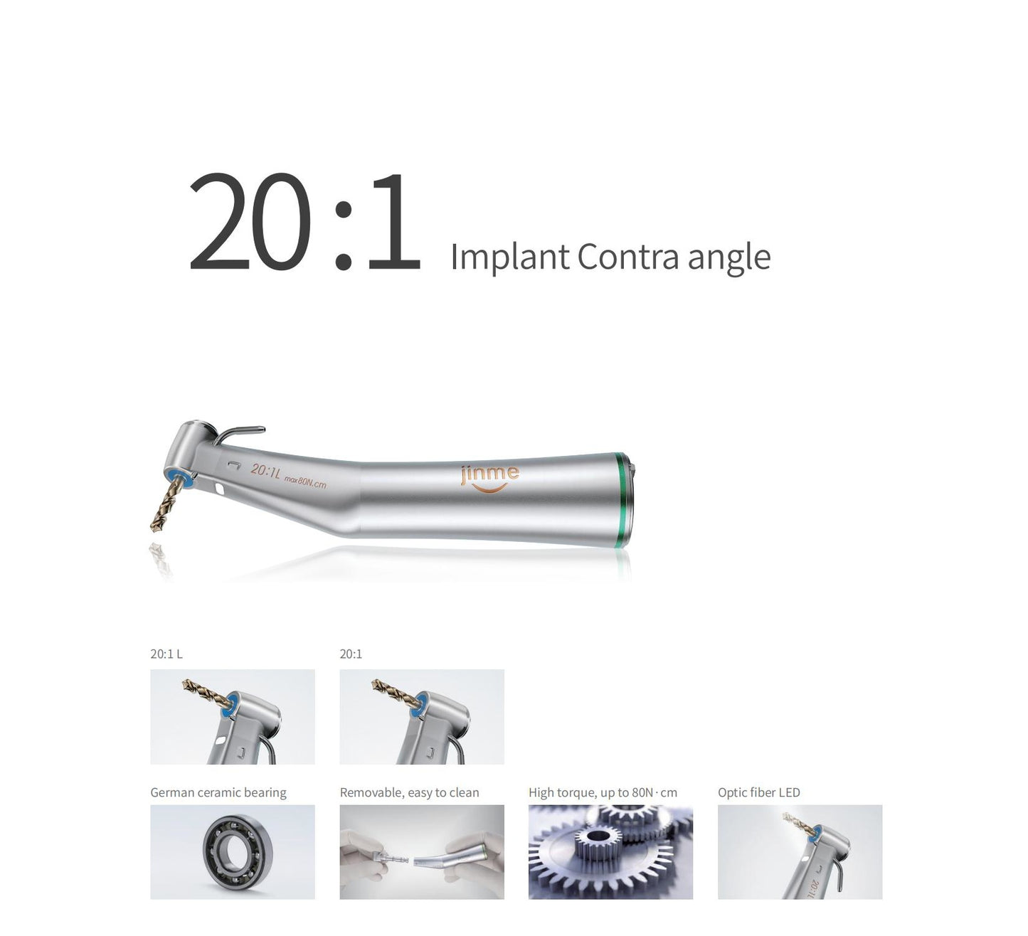 Jinme 20:1L Electric Implant Contra Angle for E-type Motors - External Water