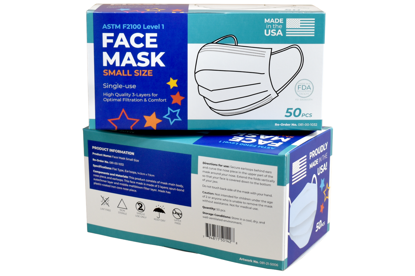 BRS Earloop Face Mask, Level 1, SMALL SIZE, Cs 600 Masks