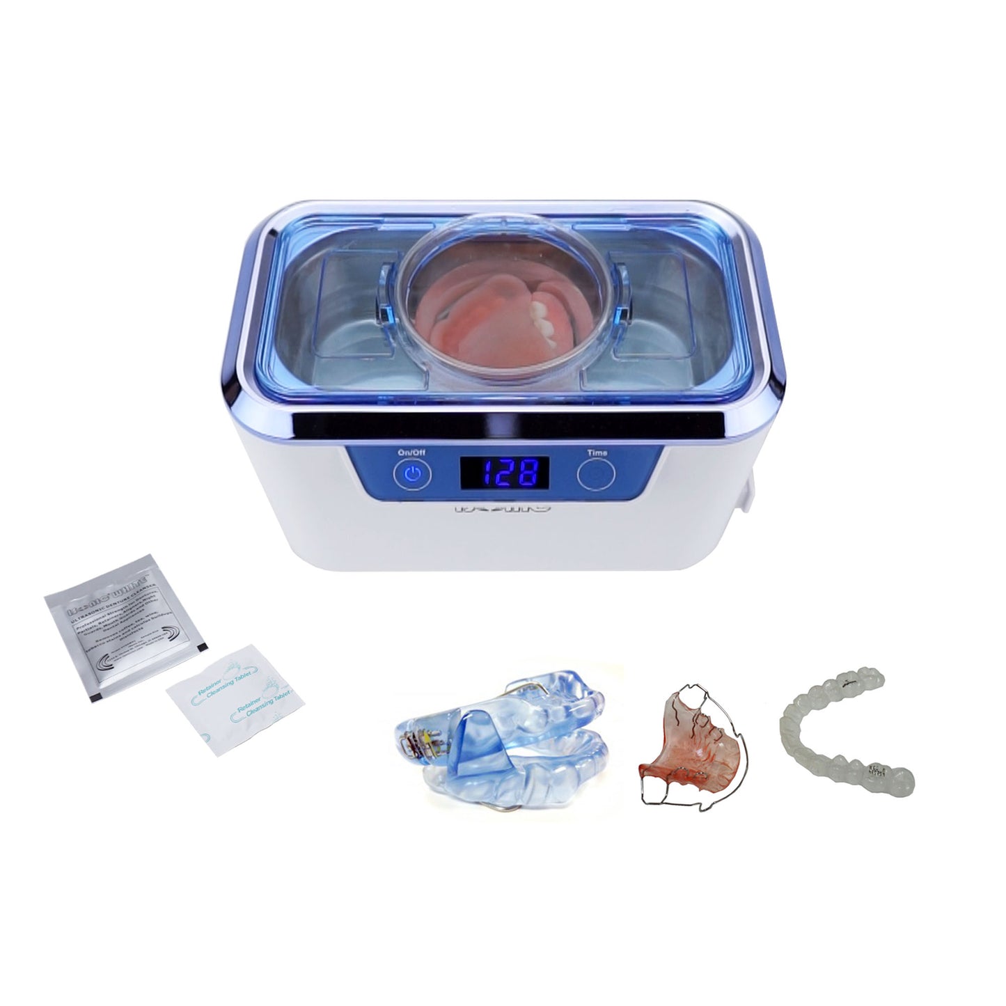 iSonic DS310-WS-D Miniaturized Commercial Ultrasonic Cleaner, white with sapphire blue colors, for dental applications