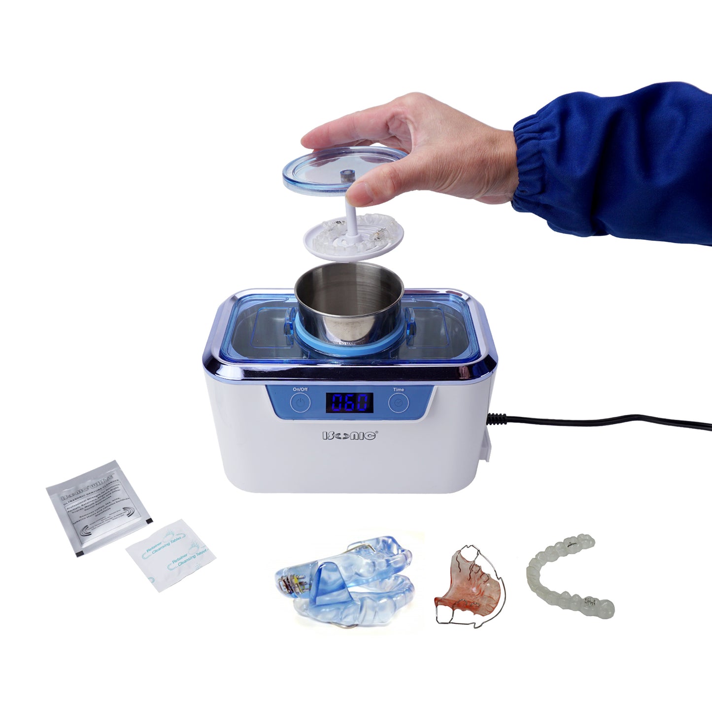 iSonic DS310-WS-D Miniaturized Commercial Ultrasonic Cleaner, white with sapphire blue colors, for dental applications