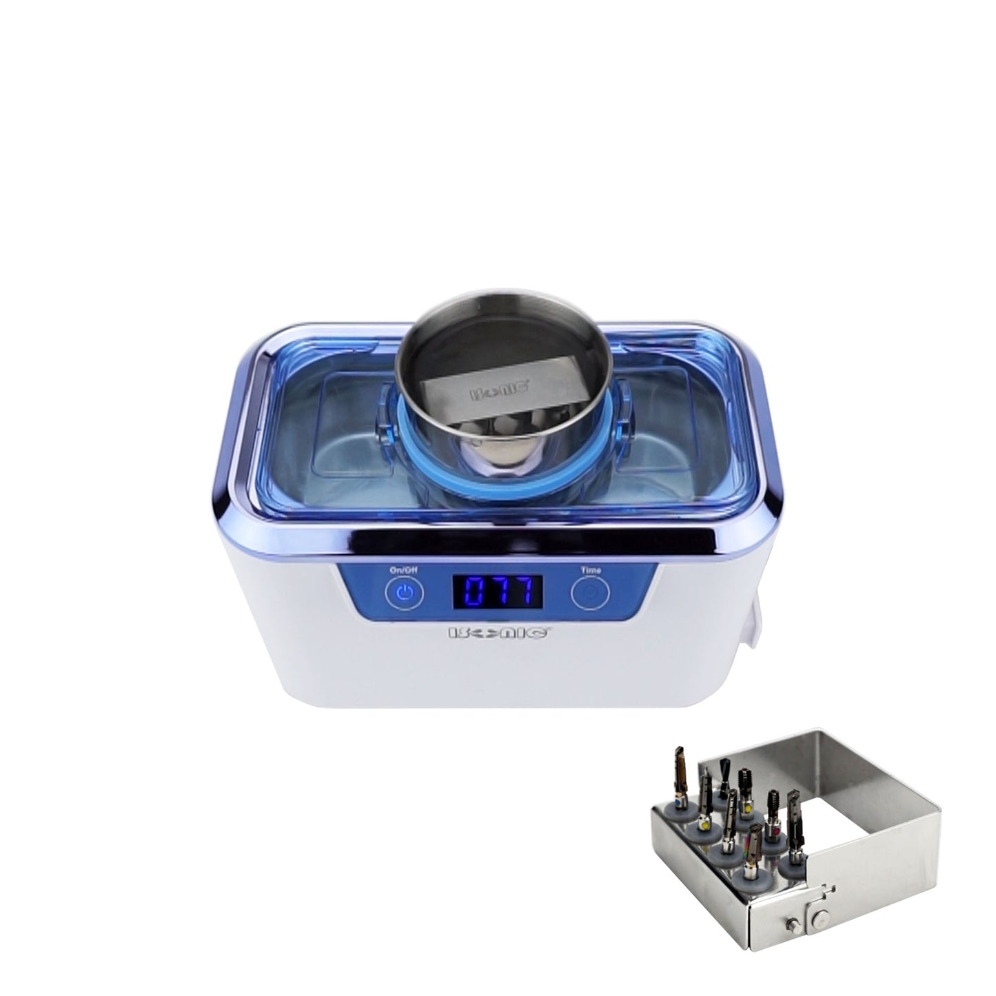 iSonic DS310-WS-D Miniaturized Commercial Ultrasonic Cleaner, white with sapphire blue colors, for dental applications