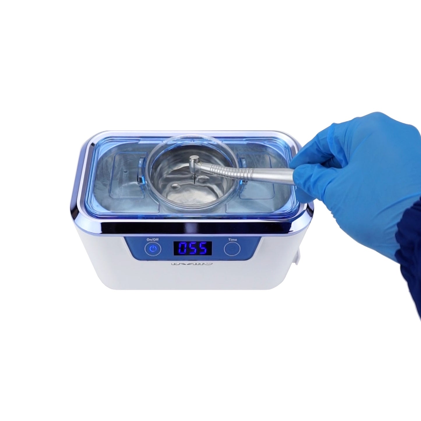 iSonic DS310-WS-D Miniaturized Commercial Ultrasonic Cleaner, white with sapphire blue colors, for dental applications