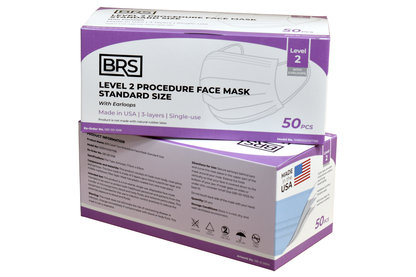 BRS Earloop Face Mask, Level 2, Standard Size, Case of 600 Masks, Blue