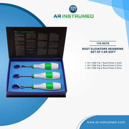 AR Instrumed Root Elevators Heidbrink Set of 3 AR Soft Handles