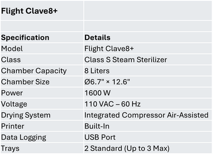 Flight Clave8+ 8 L Class S Dental Autoclave