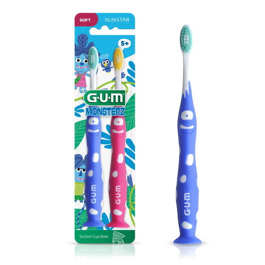 GUM Monsterz Jr. Kids Toothbrush w/Suction Cup, Assorted Colors 1 dozen