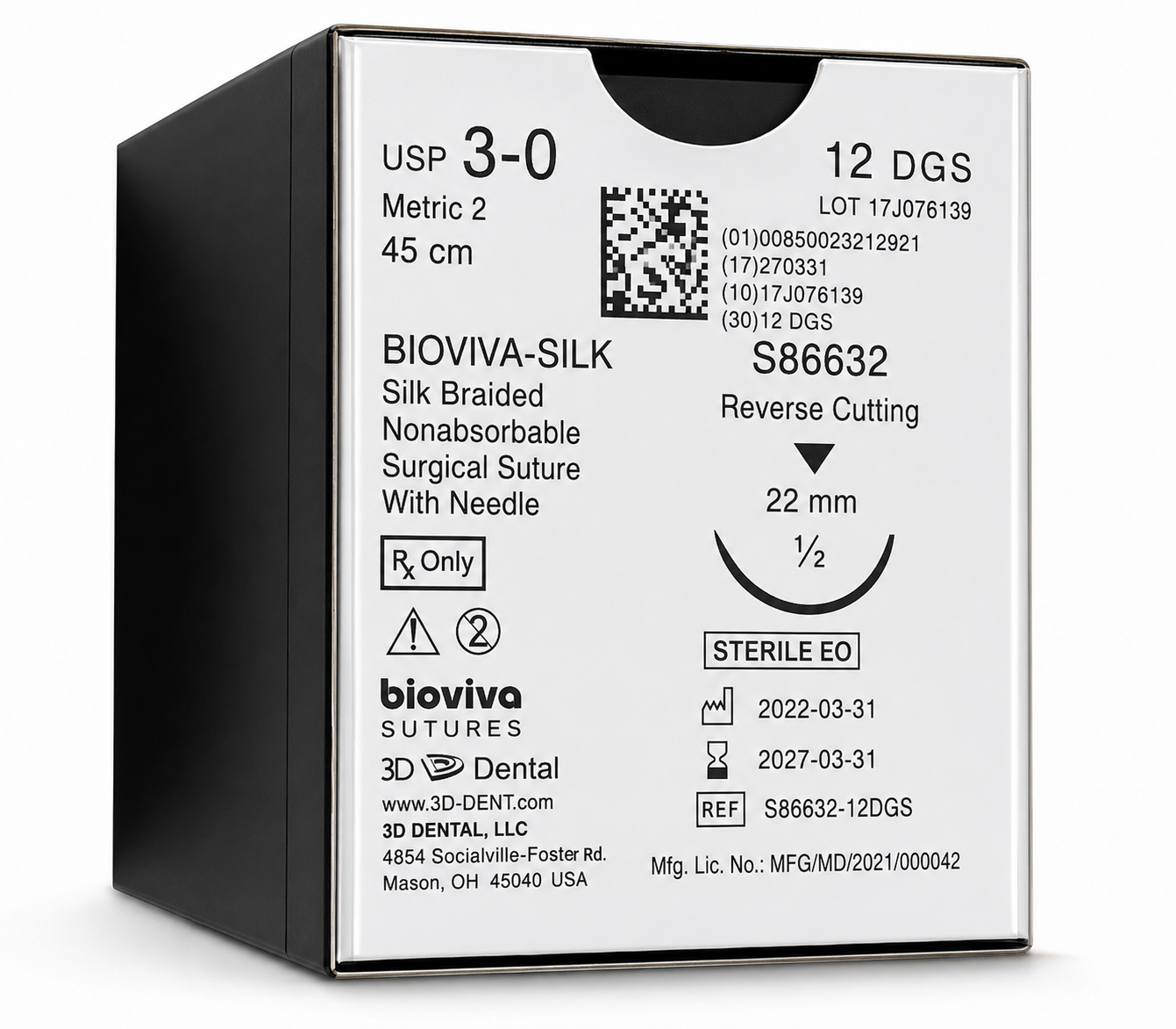 Bioviva Silk Suture 3-0 Non-Absorbable Braided Silk – 12/Box