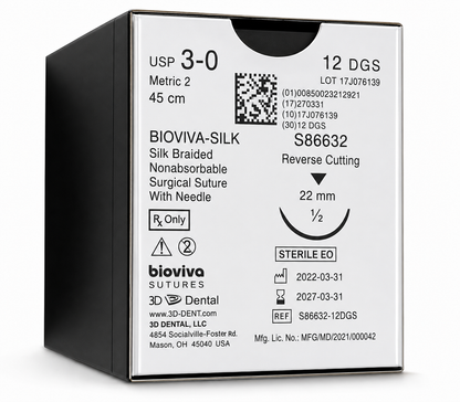 Bioviva Silk Suture 3-0 Non-Absorbable Braided Silk – 12/Box